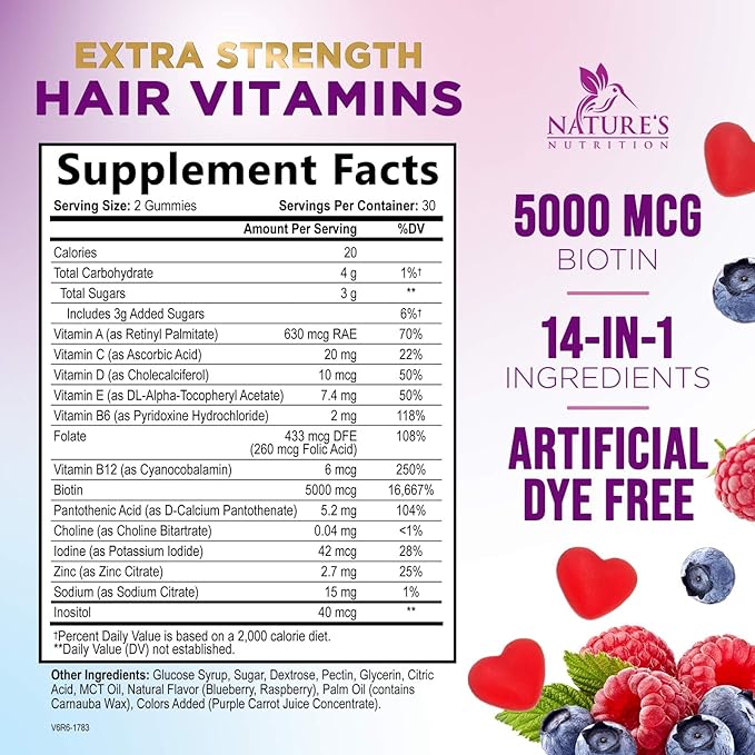 Hair Vitamins Gummies with Biotin 5000 mcg - Stronger, Radiant Hair, Skin & Nails Supplement - Vitamin E & C, Hair Growth Support Vitamin for Women & Men, Non-GMO & Gluten Free - 60 Gummies