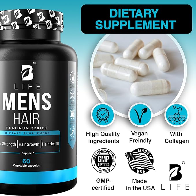 Men’s Hair Supplement – 60 Capsules – Biotin for Hair Growth Men – Hair Vitamins for Hair Loss for Men – Hair Supplements for Hair Growth with Collagen, Zinc, Selenium, Vitamins A,C,D,E – 30 Servings
