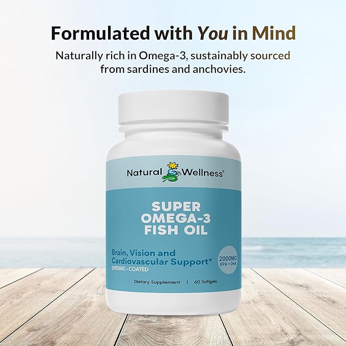 Natural Wellness Super Omega-3 Fish Oil – 600 mg EPA & 400 mg DHA for Heart, Brain, and Joint Health – 60 Enteric-Coated Softgels