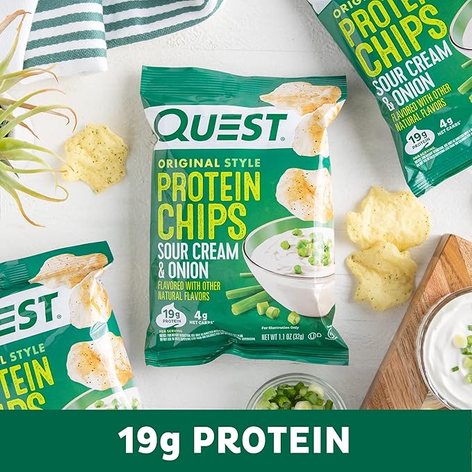 Quest Nutrition Sour Cream & Onion Protein Chips, 19g Protein, 4g Net Carbs, Low Carb, Gluten Free, 1.1 oz (Pack of 12)