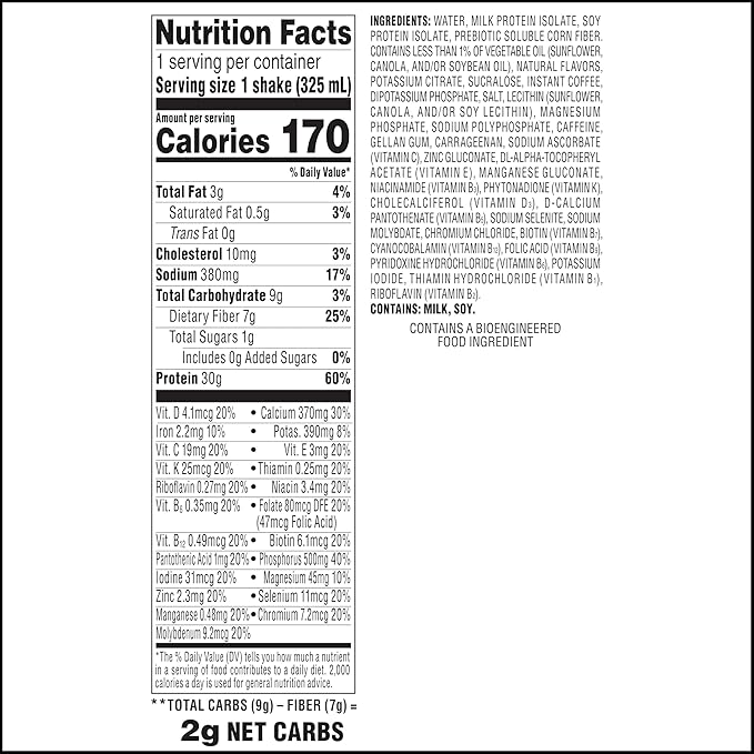 Atkins Strong High Protein Shake, Café Latte, 30g Protein, 7g Prebiotic Fiber, Muscle & Gut Health Support Complex, 12 Count