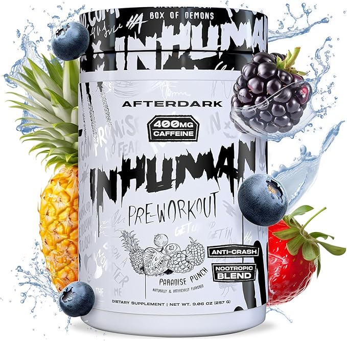 AFTERDARK INHUMAN Pre-Workout Powder, Enhanced Mind-Muscle Connection, Sustained Energy, Potent Nootropic Blend, Vegan, Gluten-Free, Soy-Free, 400mg Caffeine, No Crash, Paradise Punch
