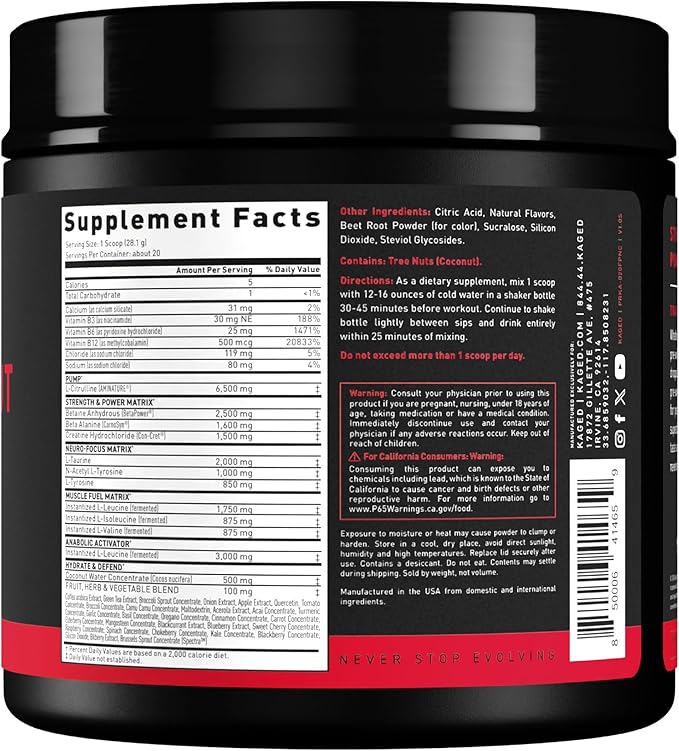 Kaged Stimulant Free Pre Workout Powder Fruit Punch Pre-Kaged Formulated with Creatine, Beta Alanine No Jitters 20 Servings