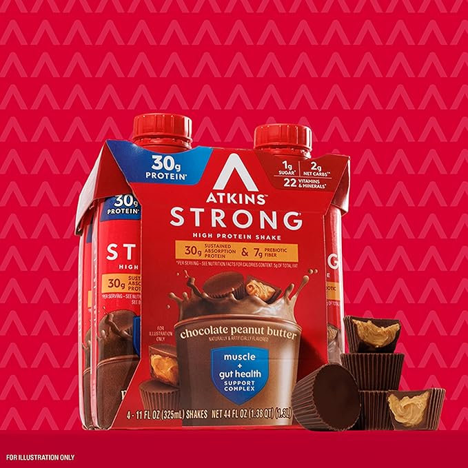 Atkins Strong High Protein Shake, Chocolate Peanut Butter Flavor, 30g Protein, Low Carb and Low Sugar Shake, Keto Friendly, Gluten Free, Muscle and Gut Health Support Complex, 12 Count