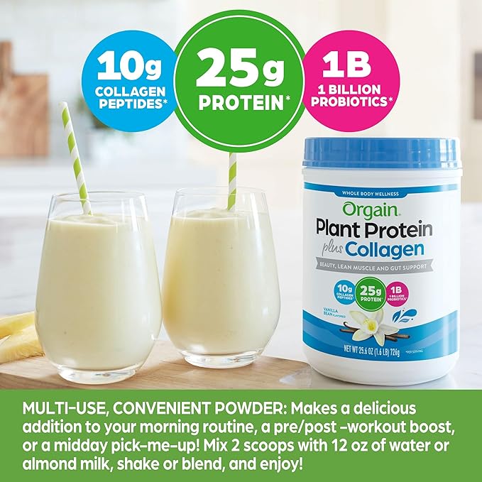 Orgain Protein Powder + Collagen, Vanilla Bean - 25g of Protein, 10g Collagen Peptides, Type I & III, 1B CFU Probiotics, Supports Hair, Skin, Nail, Joint & Gut Health, Gluten Free - 1.6lb