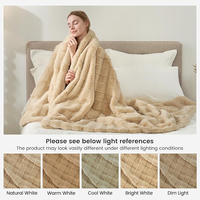 Cozy Bliss Fluffy Faux Fur Throw Blanket for Couch,Lightweight Cozy Soft Beige Throw Blankets for Sofa Bed Living Room,50x60 Inches