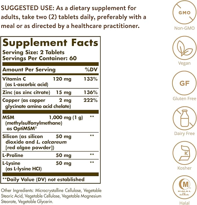 Solgar Skin, Nails & Hair, Advanced MSM Formula, 120 Tablets - Supports Collagen for Hair, Nail and Skin Health - Provides Zinc, Vitamin C & Copper - Non GMO, Vegan, Gluten & Dairy Free - 60 Servings ,Standard Packaging , 120 Count