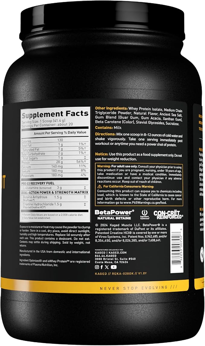 Kaged Post Workout Protein Powder | Re-Kaged | 28g Whey Protein with Creatine, Glutamine & Betaine for Muscle Growth & Recovery | Low Sugar | 20 Servings | Orange Cream
