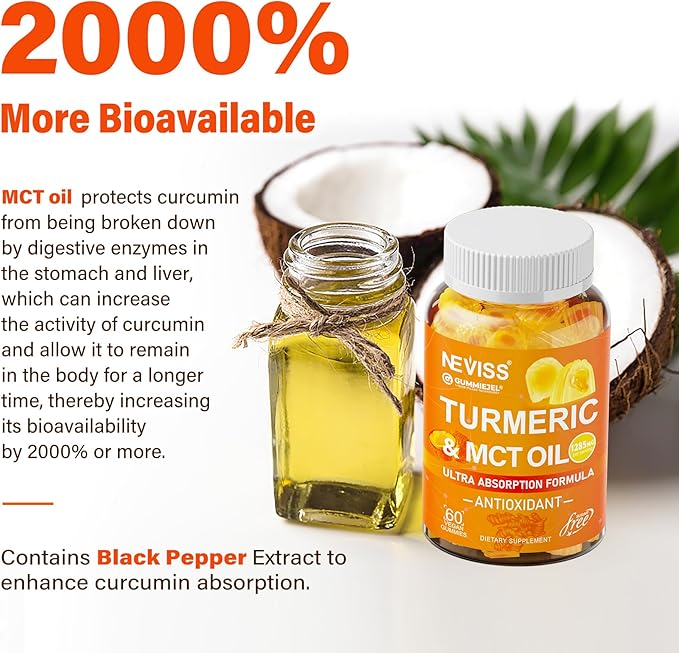 Turmeric Gummies 1000mg w/MCT Oil C8 C10, Organic Antioxidant, Turmeric Curcumin Supplement with Black Pepper Extract, Support Comfort, Boost Energy, Ultra Absorption, Sugar Free, 60 Cts