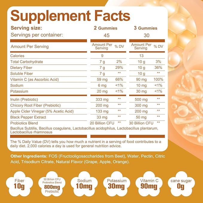 10G Fiber Gummies with Probiotics, Fiber Supplement with 30 Billion CFU Probiotics Blend, ACV, Vitamin C, Inulin - Support Digestive Health - No Sugar Added - Fruit Flavored - 90 Count