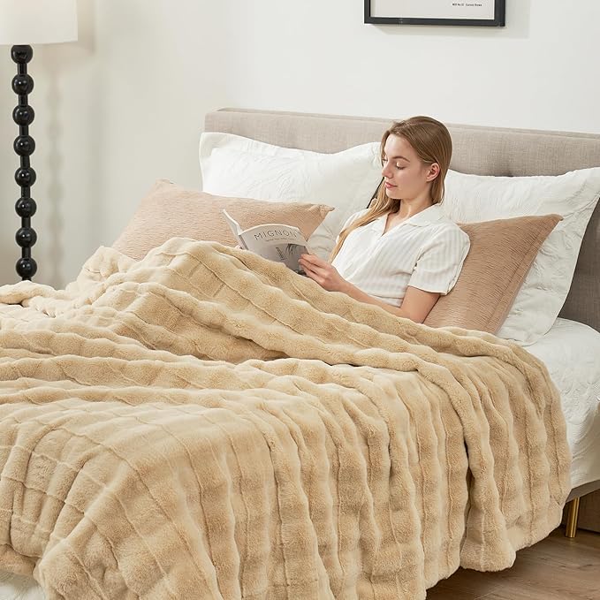 Cozy Bliss Fluffy Faux Fur Blanket Queen Size for Bed, Fuzzy Soft Striped Plush Blanket, Thick Throw for Bedroom Couch Gift, 90x90 Inches Beige