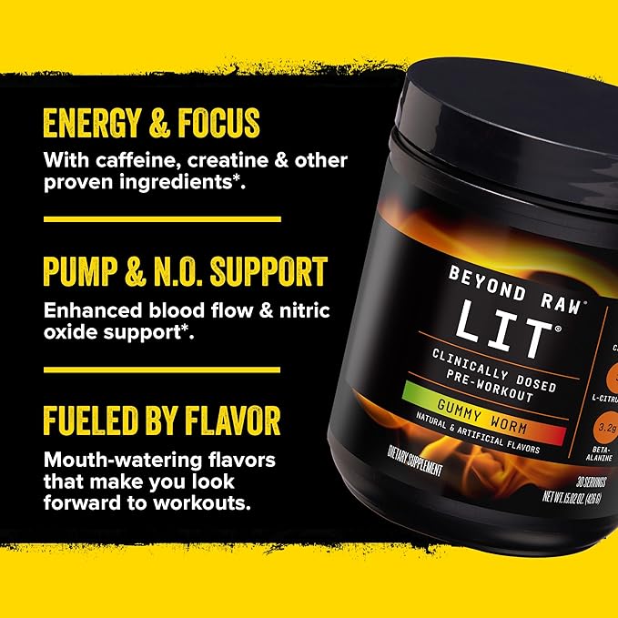 BEYOND RAW LIT Pre Workout Powder Supplement for Men and Women, Energy, Focus, Endurance, Pumps, Nitric Oxide Boost, 250mg Caffeine, Creatine, Beta Alanine, Watermelon, 30 Servings