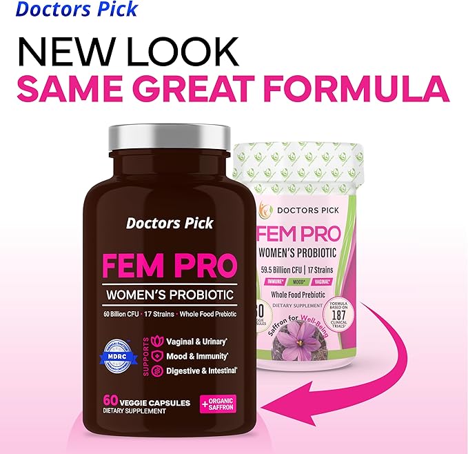Fem Pro Probiotics for Women. 17 Clinically Effective Strains for Vaginal, Digestive & Immune Support, Urinary Tract Health, pH Balance and Mood. 60 Veggie Capsules, 2 Month Supply