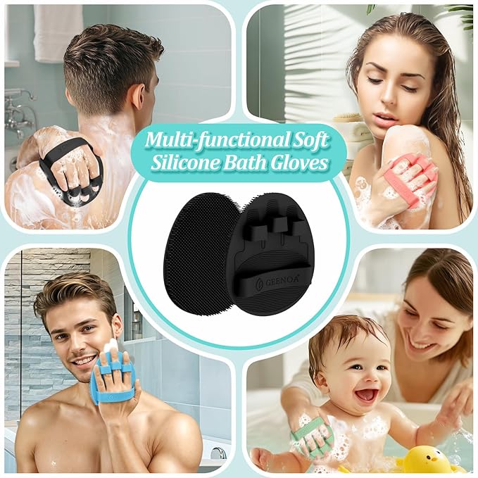 Silicone Back/Body/Face Scrubber & Soft Bath Glove Set 4PCS, Gentle Exfoliating Back & Body Scrubber with Dual-Side Brush Head, Hand-fit Bath Glove & Face Scrubber for Deep Cleaning(Black-4PC)