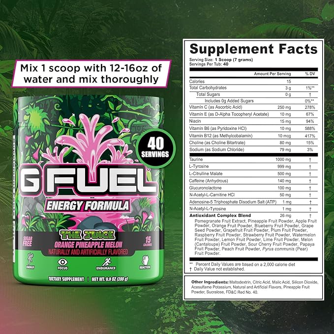 G Fuel The Juice Energy Drink Powder, Pre Workout Caffeine Mix for Gaming, Sugar Free Focus Amino, Vitamin + Antioxidants, 9.9oz (Pineapple & Melon Punch, 40 Servings)