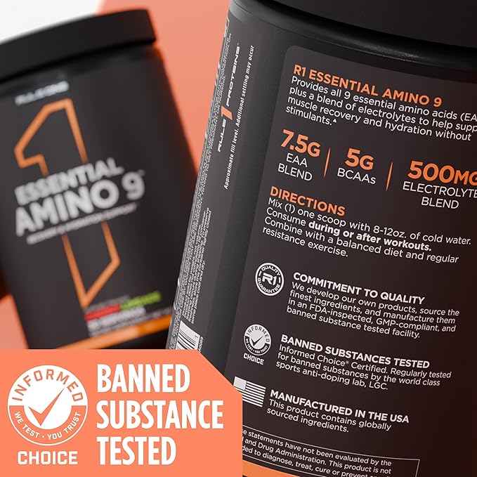 Rule 1 Essential Amino 9 – Recovery & Hydration Support with 7.5g of Essential Amino Acids + Electrolytes (30 Servings, Fruit Punch)