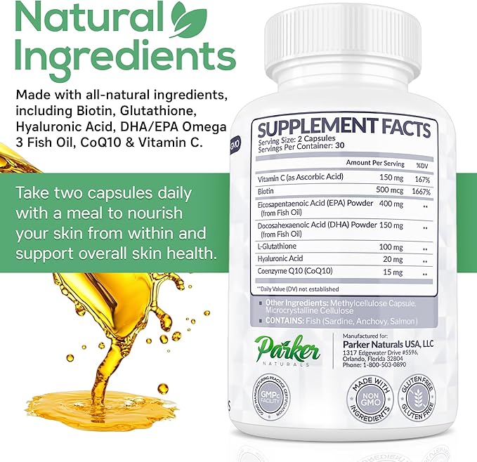 Glowing Skin Supplement - Biotin, Glutathione, Hyaluronic Acid, DHA/EPA Omega 3 Fish Oil, CoQ10, Vitamin C, All Natural Skin Care Supplement, 60 Caps