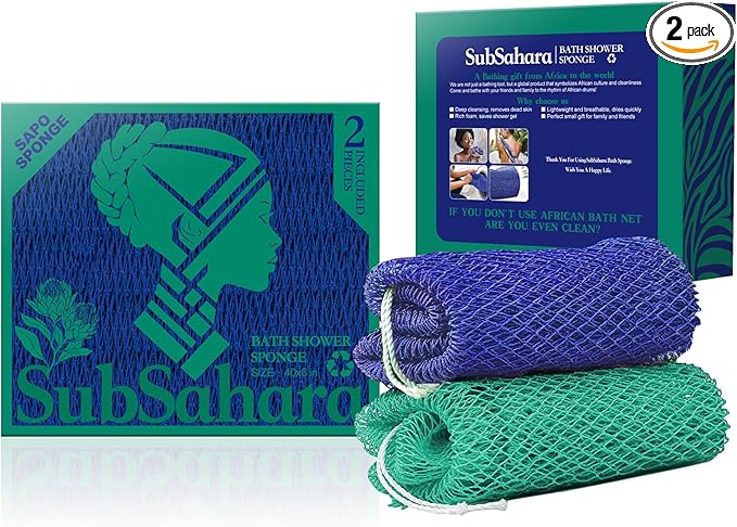 SubSahara Authentic African Net Sponge - 2 Pieces Exfoliating Scrubber for All Skin Types, Bath Sponge for Face & Body, Travel Portable, Durable, Gentle Exfoliation (Dark Blue & Forest Green)
