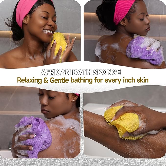 SubSahara Authentic African Net Sponge - 2 Pieces Exfoliating Scrubber for All Skin Types, Bath Sponge for Face & Body, Travel Portable, Durable, Gentle Exfoliation (Lavender Purple & Bright Yellow)