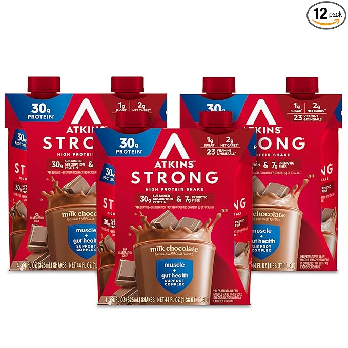 Atkins Strong High Protein Shake, Milk Chocolate Flavored, 30g Protein, Low Carb and Low Sugar Shake, Keto Friendly, Gluten Free, Muscle and Gut Health Support Complex, 12 Count