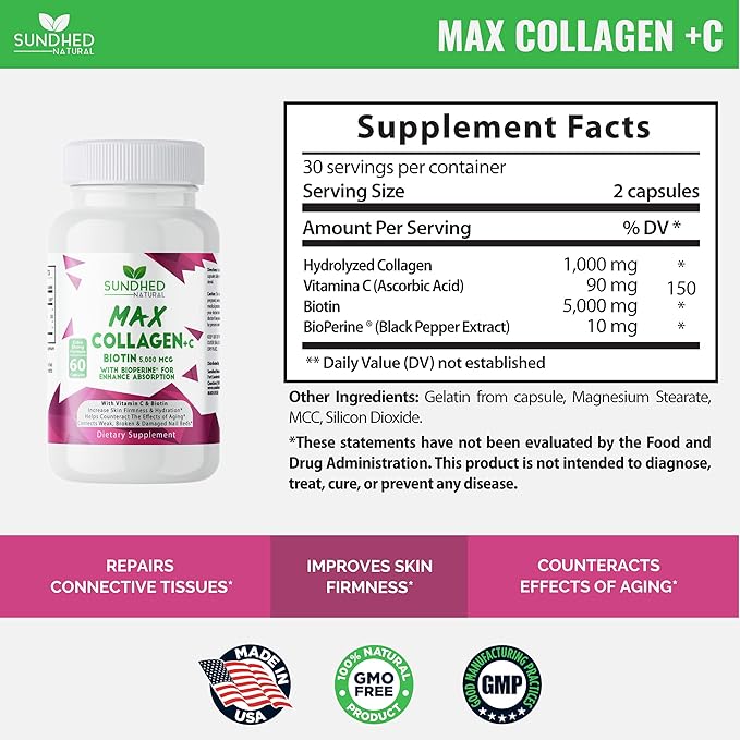 Max Collagen Plus C (60 caps) - All Natural Collagen Capsules with Biotin & Bioperine to Boost Anti Aging Hydration & Skin Firmness - Collagen Pills to Strengthen Bones & Nails