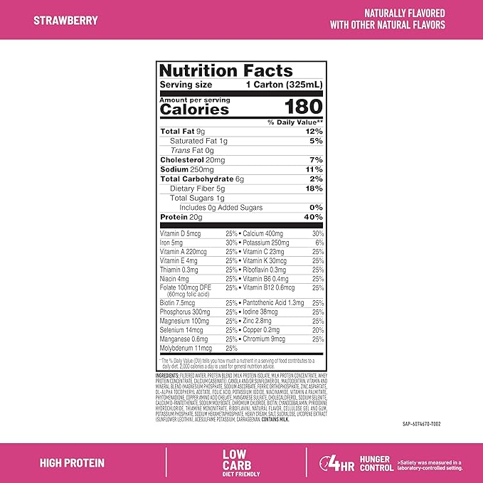 SlimFast Protein Shake, Strawberry- 20g Protein, Meal Replacement Shake Ready to Drink, High Protein with Low Carb and Low Sugar, 24 Vitamins and Minerals, 12 Count (Pack of 1) (Packaging May Vary)