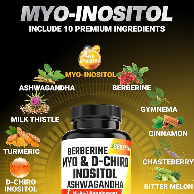 Myo-Inositol & D-Chiro Inositol Capsules with Ashwagandha, Berberine, Cinnamon, Gymnema, Chasteberry, Milk Thistle, Turmeric, Bitter Melon - 90 Capsules