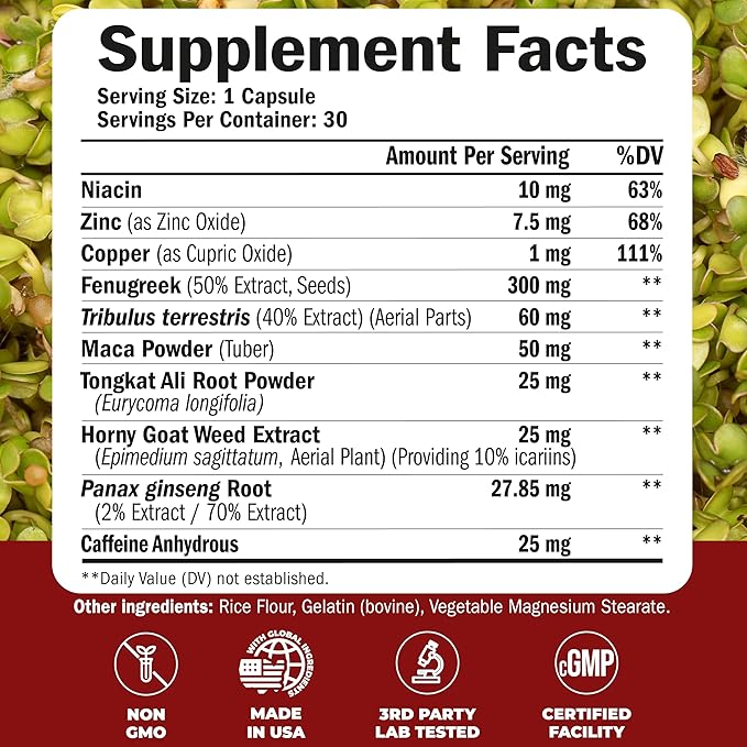 Testosterone Supplement for Men – Libido Support: Maca Root, Fenugreek, Tongkat Ali, Horny Goat Weed & Tribulus | Muscle Builder for Men | Energy, Drive & Strength | Workout Supplements – 30 Capsules