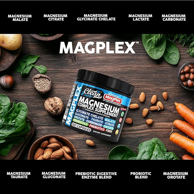 8in1 Magnesium Supplement Complex | Magnesium Glycinate Citrate Malate Gluconate Orotate Carbonate Lactate + Prebiotics Probiotics Digestive Enzymes Magnesio Capsules for Women Men by Clean Nutra