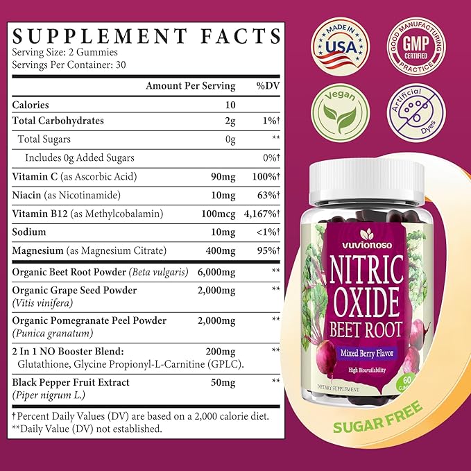 Beet Root Gummies 6000mg – Nitric Oxide Supplement with Grapeseed, Pomegranate, Vitamin C & B12 – Pre-Workout Energy, Endurance & Circulation – Sugar-Free Mixed Berry Flavor – 60 Gummies (2 Bottles)