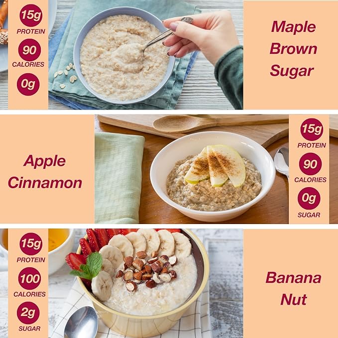 ProtiDIET High Protein Oatmeal Variety Pack - Apple Cinnamon, Maple Brown Sugar and Banana Nut - High Fiber, Low Calorie Diet for Adults - 7 Pouches Each Box