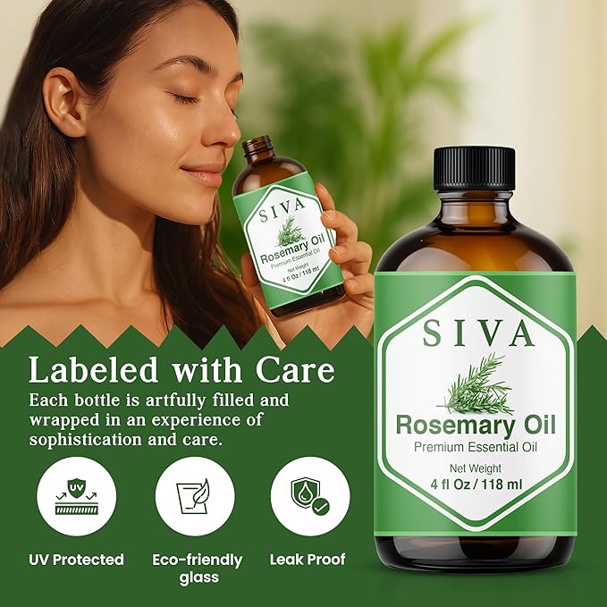 Siva Rosemary Essential Oil - 4 Fl Oz – Natural Rosemary Oil - for Diffuser, Face, Skin Care, Aromatherapy, Hair Care, Scalp and Body Massage - with Dropper
