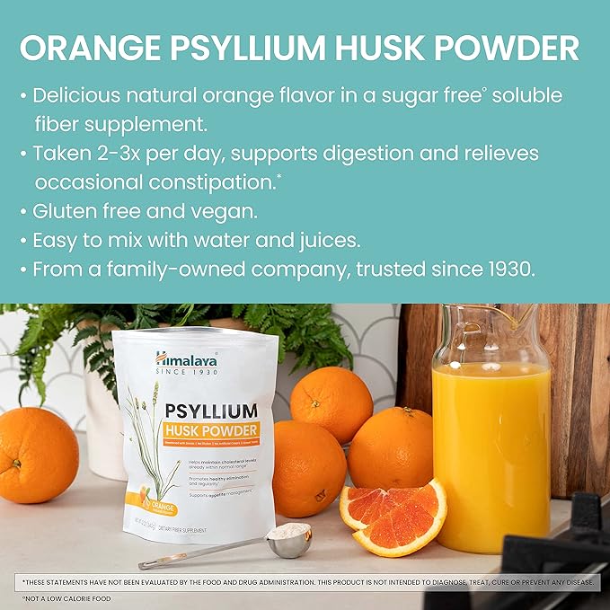 Himalaya Psyllium Husk Powder, Orange, 48 Servings - Daily Fiber Supplement for Supporting Digestive Health and Regularity - Vegan, Non-GMO, Sugar Free, Gluten Free, 12 oz (340 g)