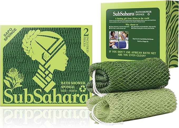 SubSahara Authentic African Net Sponge - 2 Pieces Exfoliating Scrubber for All Skin Types, Bath Sponge for Face & Body, Travel Portable, Durable, Gentle Exfoliation (Olive Green & Light Green)