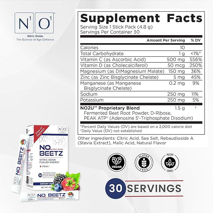 N.O. Beetz Nitric Oxide Supplement for Pre-Workout & Endurance | Beetroot, Peak ATP & Electrolytes for Energy & Hydration | Boosts Blood Flow & Muscle Recovery | No Mess, 30 Servings