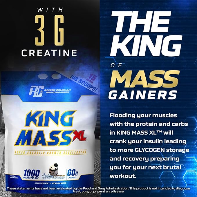Ronnie Coleman Signature Series King Mass XL Mass Gainer Protein Powder, Muscle Gainer, 60g Protein, 180g Carbohydrates, 1,000+ Calories, Creatine and Glutamine, Cookies N' Cream, 15 Pound