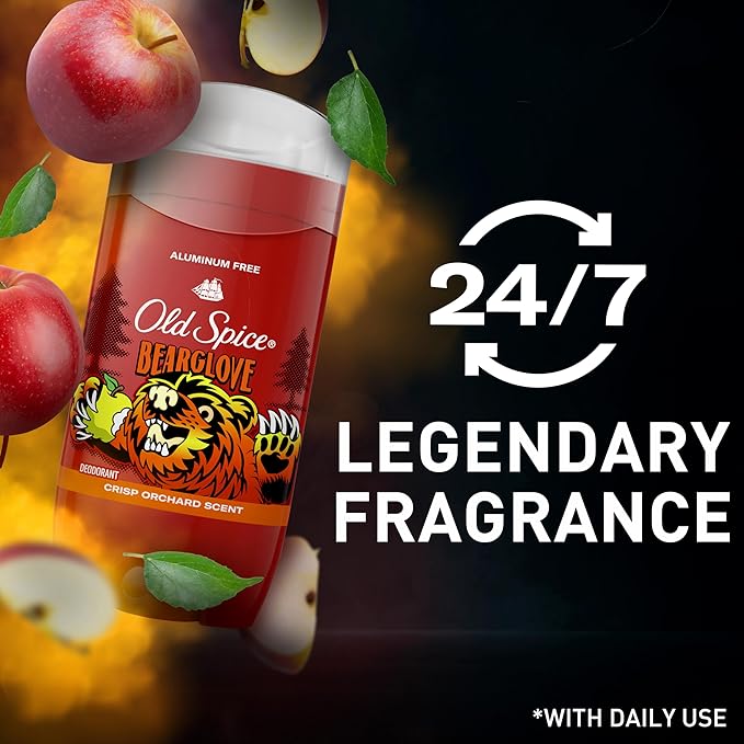 Old Spice Aluminum Free Deodorant for Men, 24/7 Odor Protection, 24/7 Freshness & Lasting Scent, Goes on Clear, Bearglove with Crisp Orchard Scent, 3.0 oz (Pack of 3)