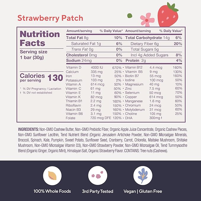 Tend Daily Best Prenatal Vitamin Bar, Made with Organic Ingredients for Pregnant & Postpartum Mothers, Includes DHA, Vitamin D, B, Choline, Folate - Strawberry Patch (4ct)