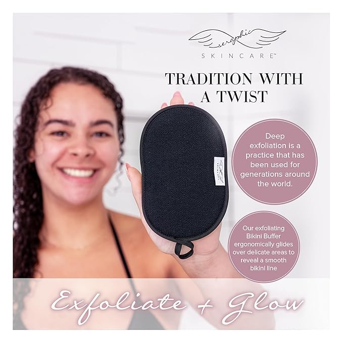 Seraphic Skincare Bikini Buffer – 100% Vegan Viscose Scrub Mitt For Women – Gently Exfoliates Dead Skin – Ingrown Hair & Razor Bumps Treatment on Bikini Area – Natural & Effective Exfoliation
