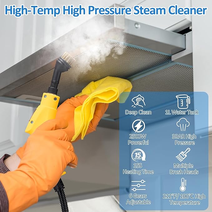 Spurgehom Handheld Steam Cleaner, 15s Heat-Up 1L Tank Portable Steam Cleaner, 2500W High Temperature Multipurpose Steamer for Cleaning, 6 Gears Adjustable Handheld Steamer for Home, Yellow