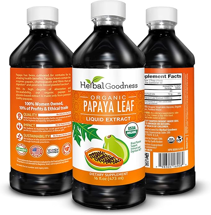 Herbal Goodness Papaya Leaf Extract Platelet Support - 15X Blood Platelet Boost, Bone Marrow & Spleen Support, Immune & Gut Health, Digestive Enzyme - Organic Kosher 16 oz Liquid Extract