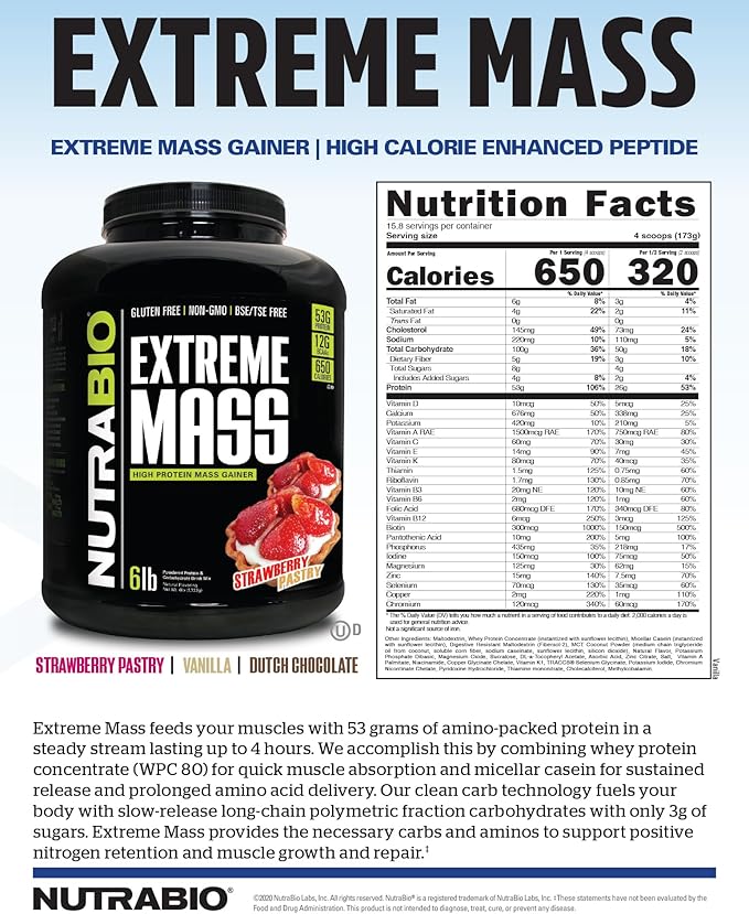 NutraBio Extreme Mass Gainer Protein Powder, 53G Protein, Clean Weight Gainer, Increase Muscle Mass, Full Spectrum Amino Acid - Vanilla, 6 Pound