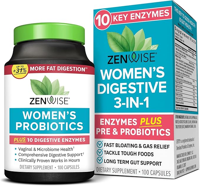 Zenwise Health 3-in-1 Womens Probiotic Supplement for Digestive, Gut Flora & Vaginal Health - Daily Probiotics & Prebiotics for Women with Digestive Enzymes Supports Bloating & Gas Relief - 100 Count