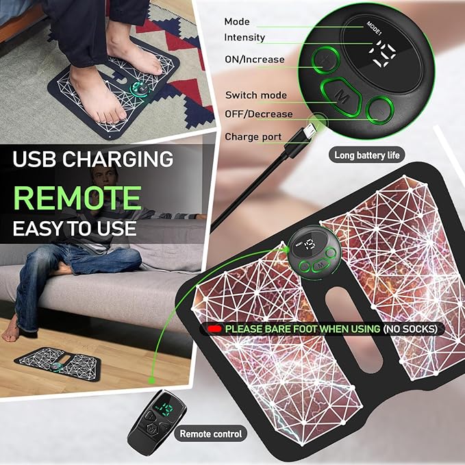 EMS Foot Massager Mat Back Massager for Neuropathy Pain Relief Electric Legs Feet Stimulator Machine Acupressure Pad with Remote Control