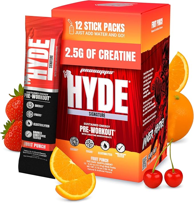 PROSUPPS Mr. Hyde Signature Pre Workout Drink Mix- Performance, Energy & Endurance with Creatine, Beta Alanine & Caffeine - Clean Gym Supplements for Men & Women (Fruit Punch, 12 On-The-Go Packets)