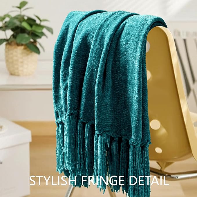 Chenille Throw Blanket for Couch 60"X 80" Twin, Soft Cozy Throws with Fringe Tassel for Bed Sofa Chair Cover, Lightweight Knitted Decorative Boho Blankets for Living Room, Teal