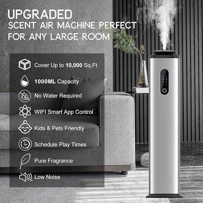 1000ML- Commercial Diffuser Machine With WIFI App Control for Whole House - Cover 10000 Sq Ft - Tower Hotel Scent Diffuser - Scent Air Machine & Waterless Essential Oil Diffuser for Large Room -Silver