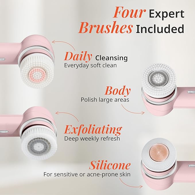 Vanity Planet Raedia 2.0 Facial Cleansing Brush, 4 Interchangeable Brush Heads, Pink - Daily Cleansing Face Exfoliator for Glowing & Acne Prone Skin - Lightweight Silicone Water-Resistant Body Brush