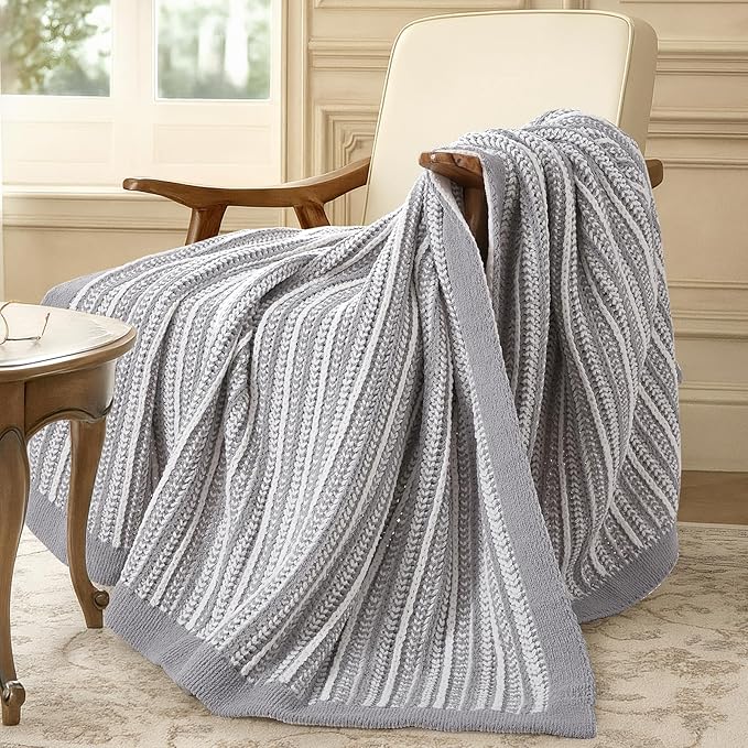 Amélie Home Chenille Striped Knit Throw Blanket for Couch Twin, Reversible Soft Cozy Knit Blanket Lightweight Warm Decorative Throw for Sofa, Bed, Living Room, 50"x60", Grey & White