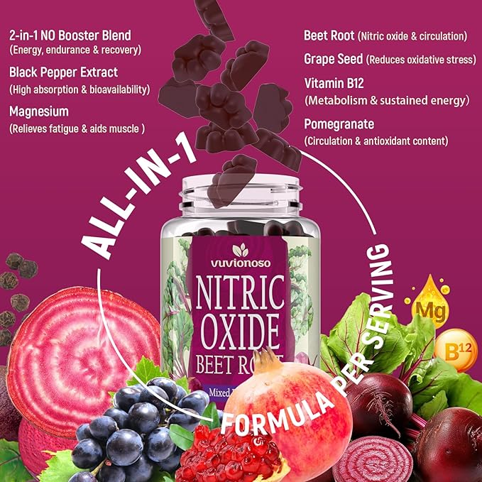 Beet Root Gummies 6000mg – Nitric Oxide Supplement with Grapeseed, Pomegranate, Vitamin C & B12 – Pre-Workout Energy, Endurance & Circulation – Sugar-Free Mixed Berry Flavor – 60 Gummies (2 Bottles)